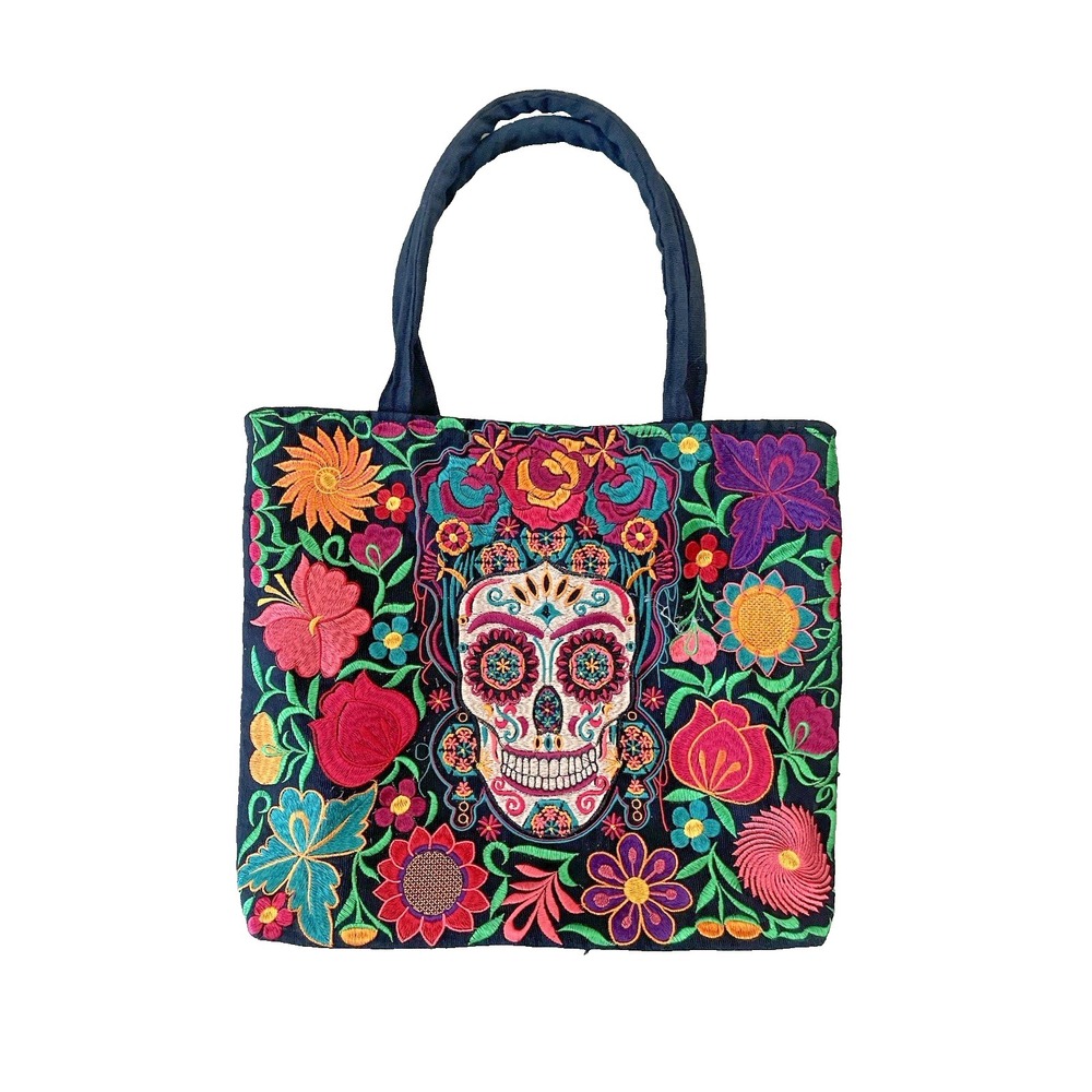 Sugar Skull Mexican Floral Embroidered Tote  Black Canvas‎ Boho Shoulder Bag Lg